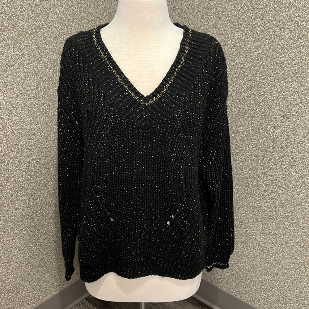 Black Gold Variegated John & Jenn Long Sleeve V-neck Cable Knit Sweater Size M/L